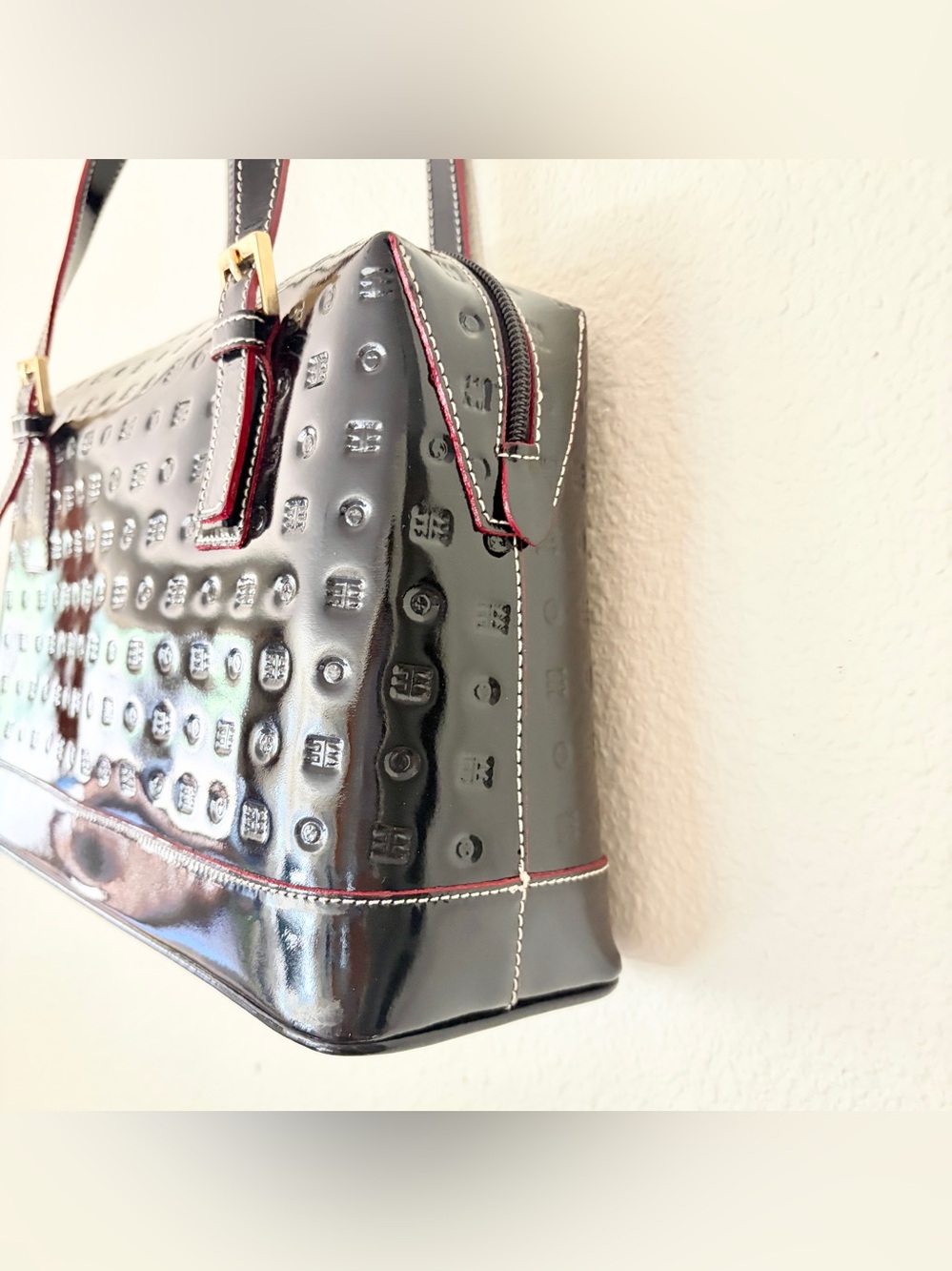 Arcadia Black Patent Embossed Leather Shoulder Bag with Red Trim Made in Italy - Picture 4 of 6